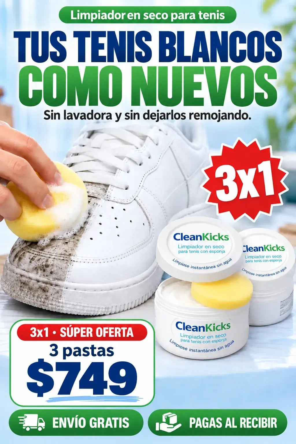 CleanKicks: tus tenis blancos como nuevos. 3x1, 3 pastas $749
