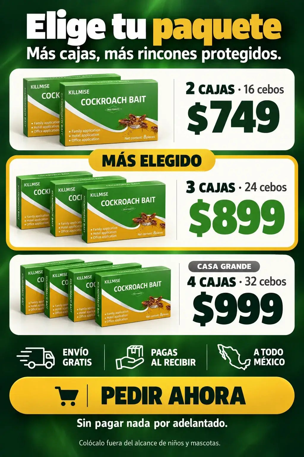 Elige tu paquete: 2 cajas $749, 3 cajas $899, 4 cajas $999