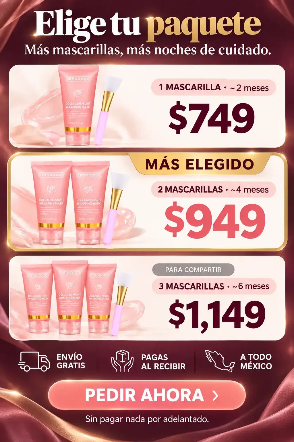 Elige tu paquete: 1 mascarilla $749, 2 mascarillas $949, 3 mascarillas $1,149