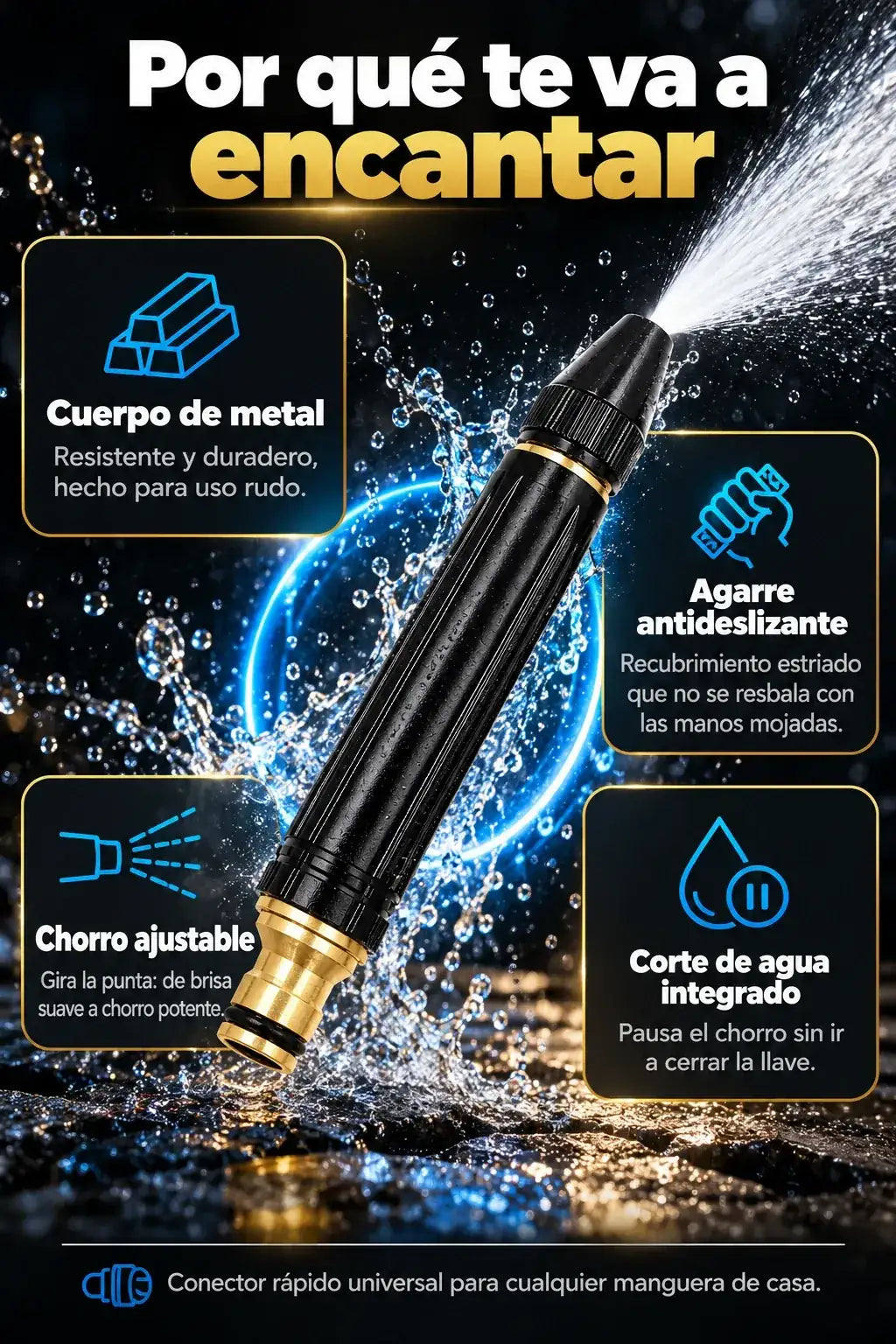 Cuerpo de metal, agarre antideslizante, chorro ajustable y corte de agua integrado