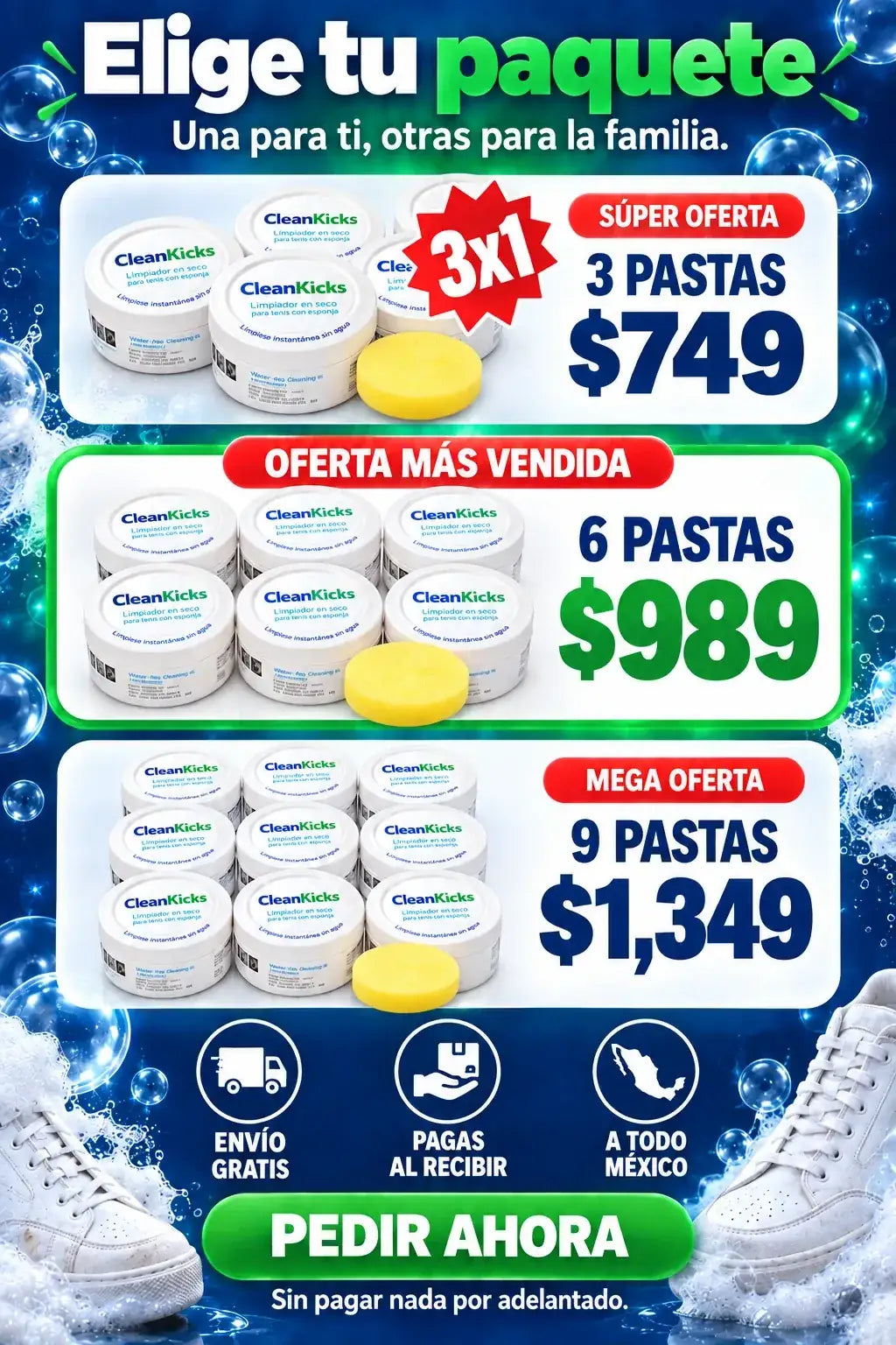 Elige tu paquete: 3 pastas $749, 6 pastas $989, 9 pastas $1,349
