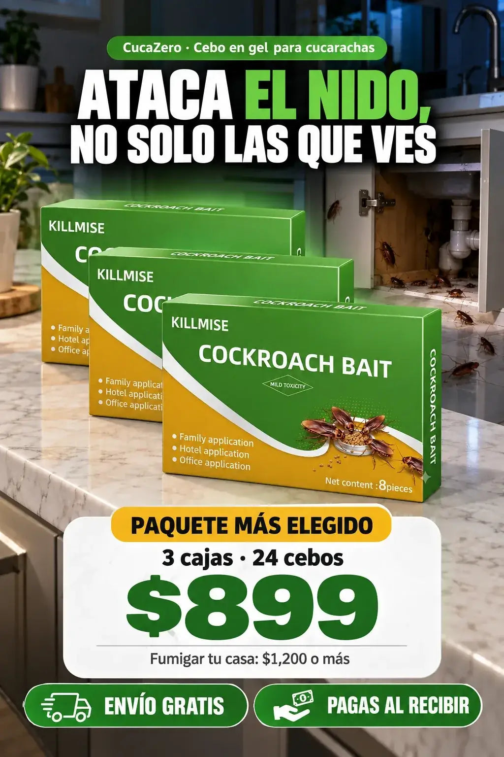 CucaZero, cebo en gel para cucarachas: ataca el nido, no solo las que ves. 3 cajas, 24 cebos, $899