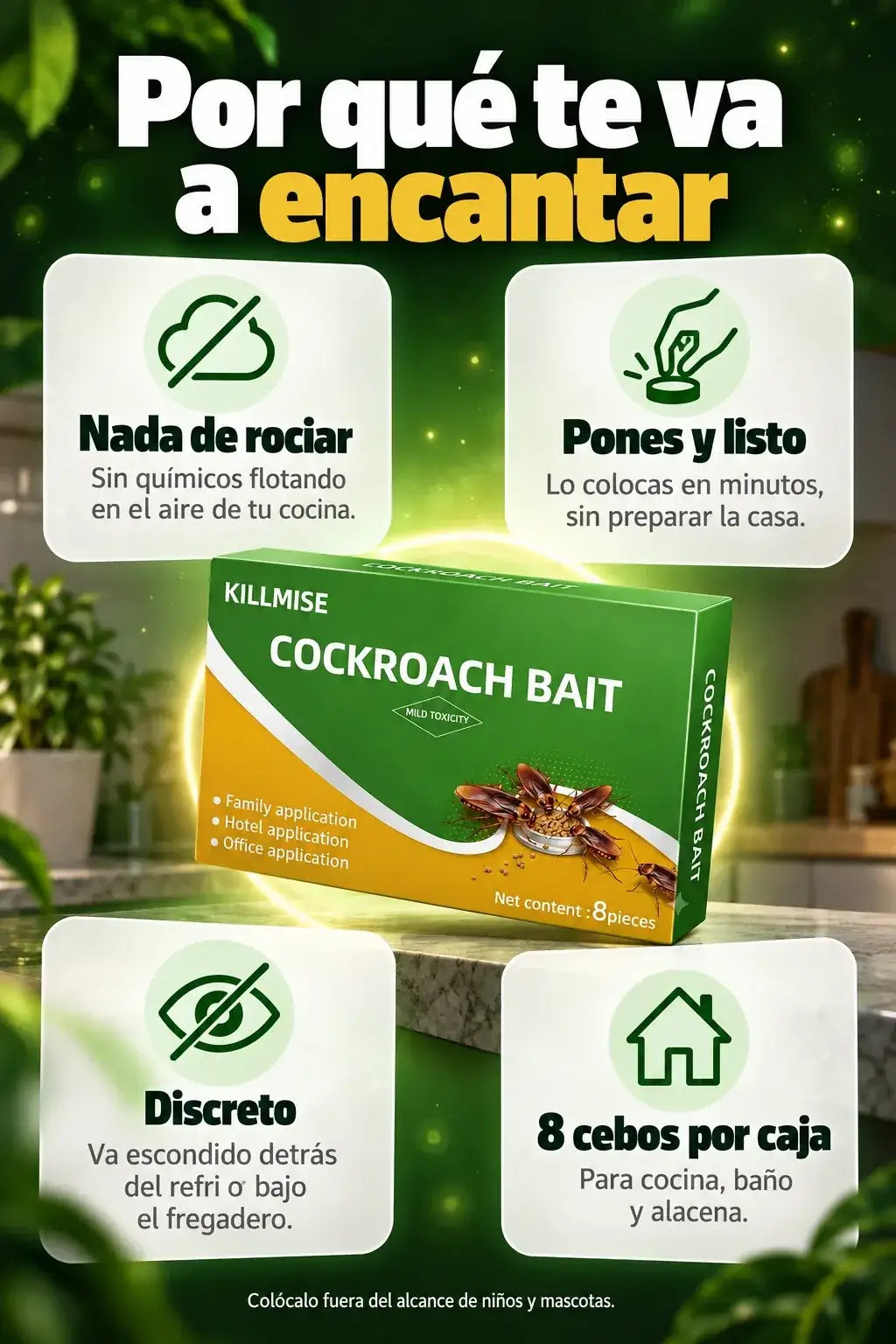 Beneficios: nada de rociar, pones y listo, discreto, 8 cebos por caja