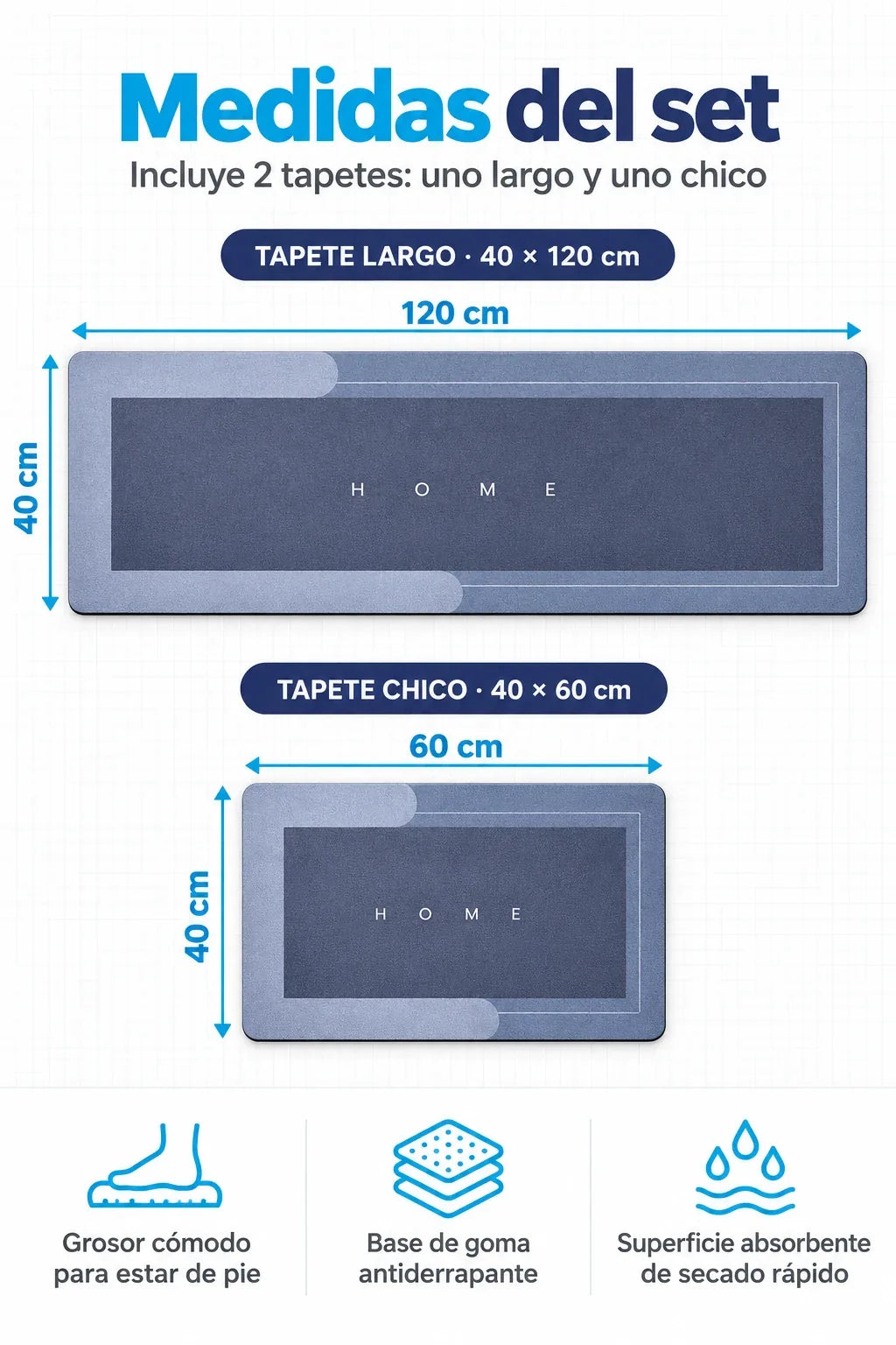 Medidas del set: tapete largo 40 × 120 cm y tapete chico 40 × 60 cm