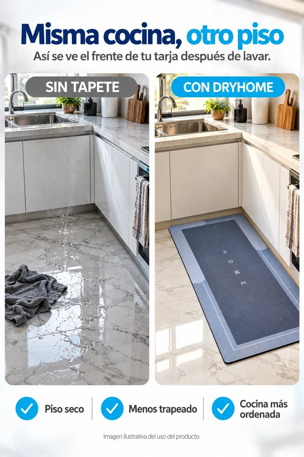 Misma cocina, otro piso: sin tapete y con DryHome